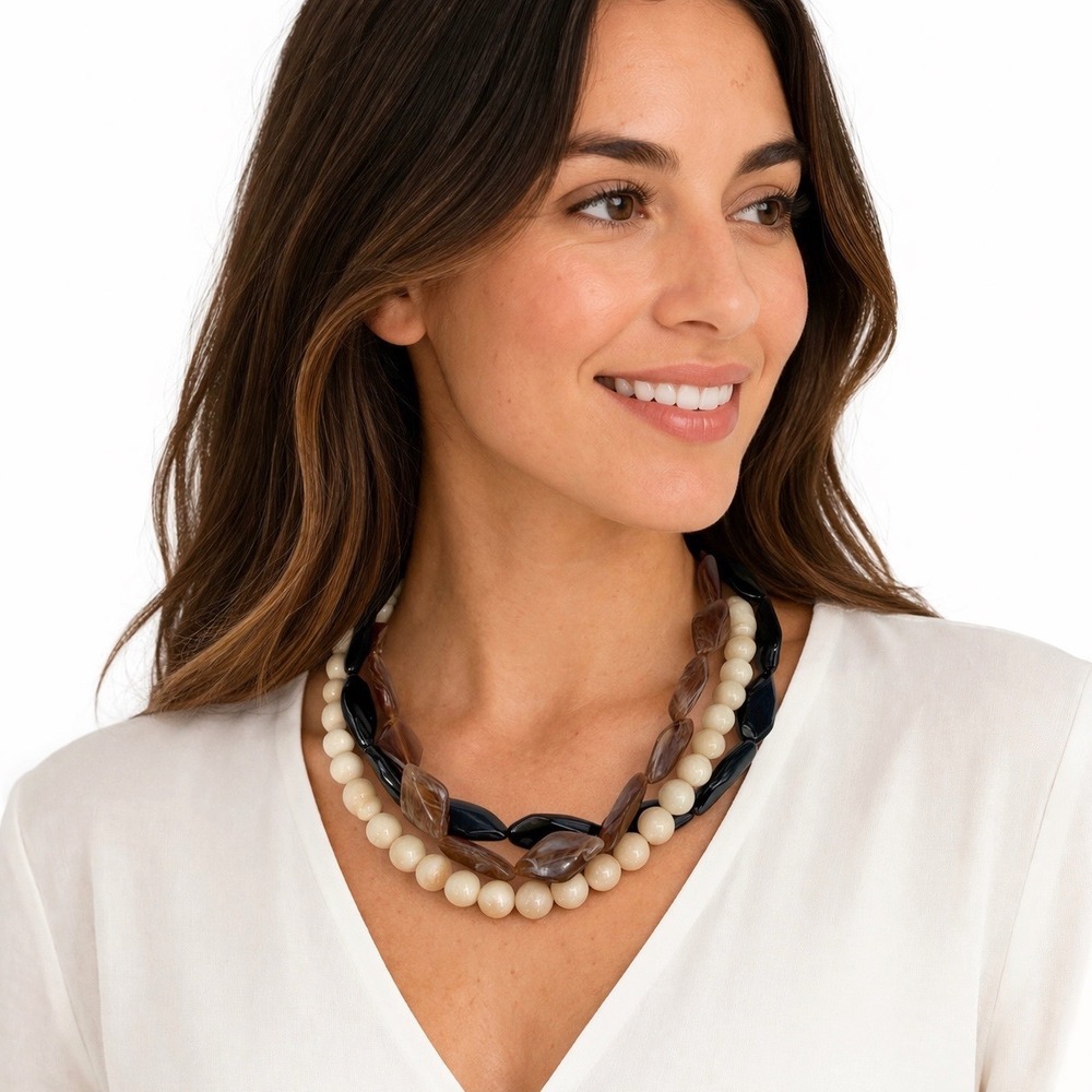 Triple Strand Chunky Resin Bead Necklace‎ Black Brown Cream Layered Chic 103-89